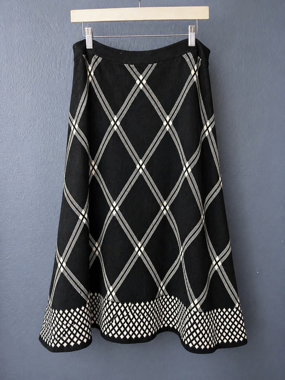 Carole Wren Black White Sweater Knit Midi Skirt Geometric Plaid Size Large